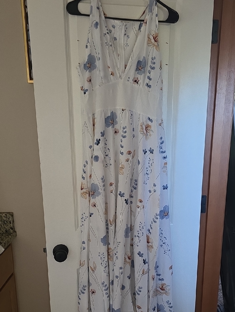 White Floral Maxi Dress with Blue and Tan Accents